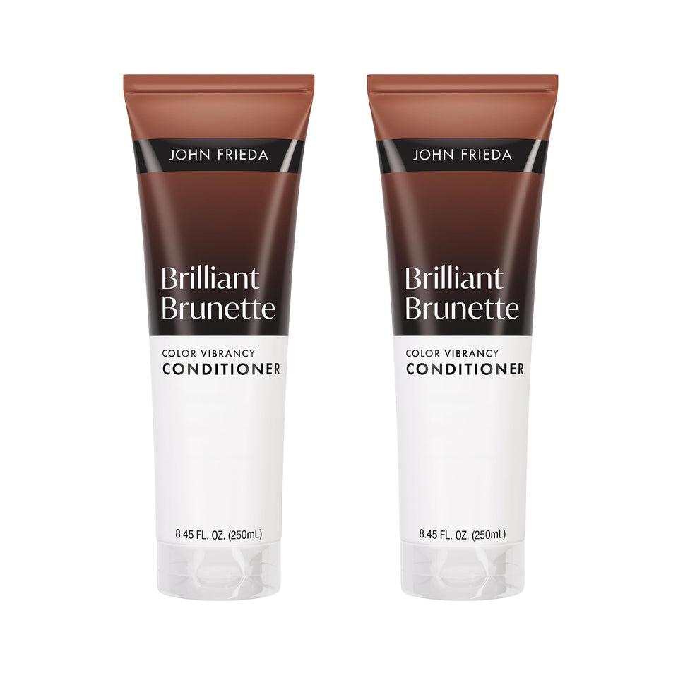 John Frieda front packaging showing product and vibrant brunette benefit