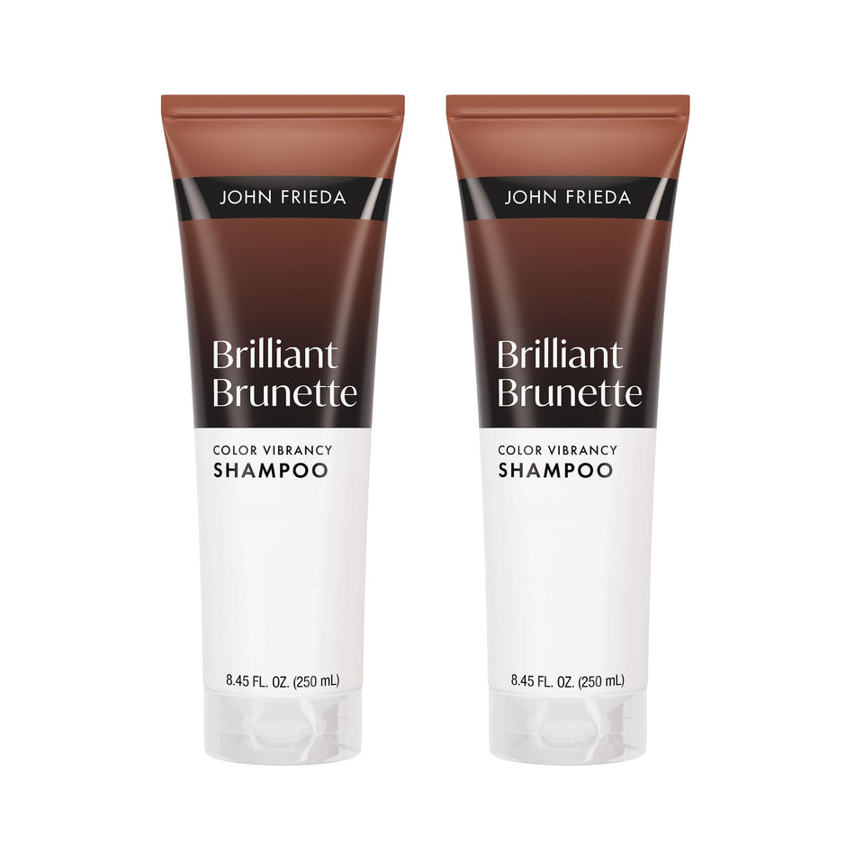 John Frieda front packaging showing product and benefit of vibrant brunette tones