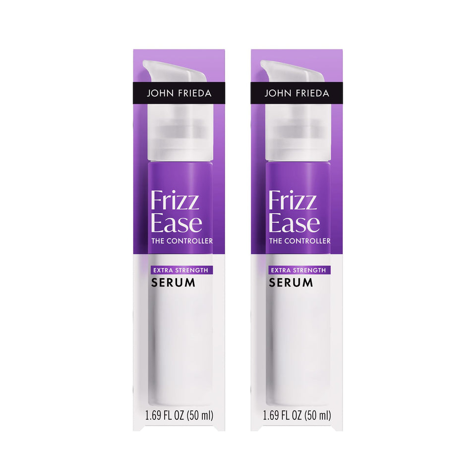 john frieda front packaging showing product benefits and two-bottle pack for convenience