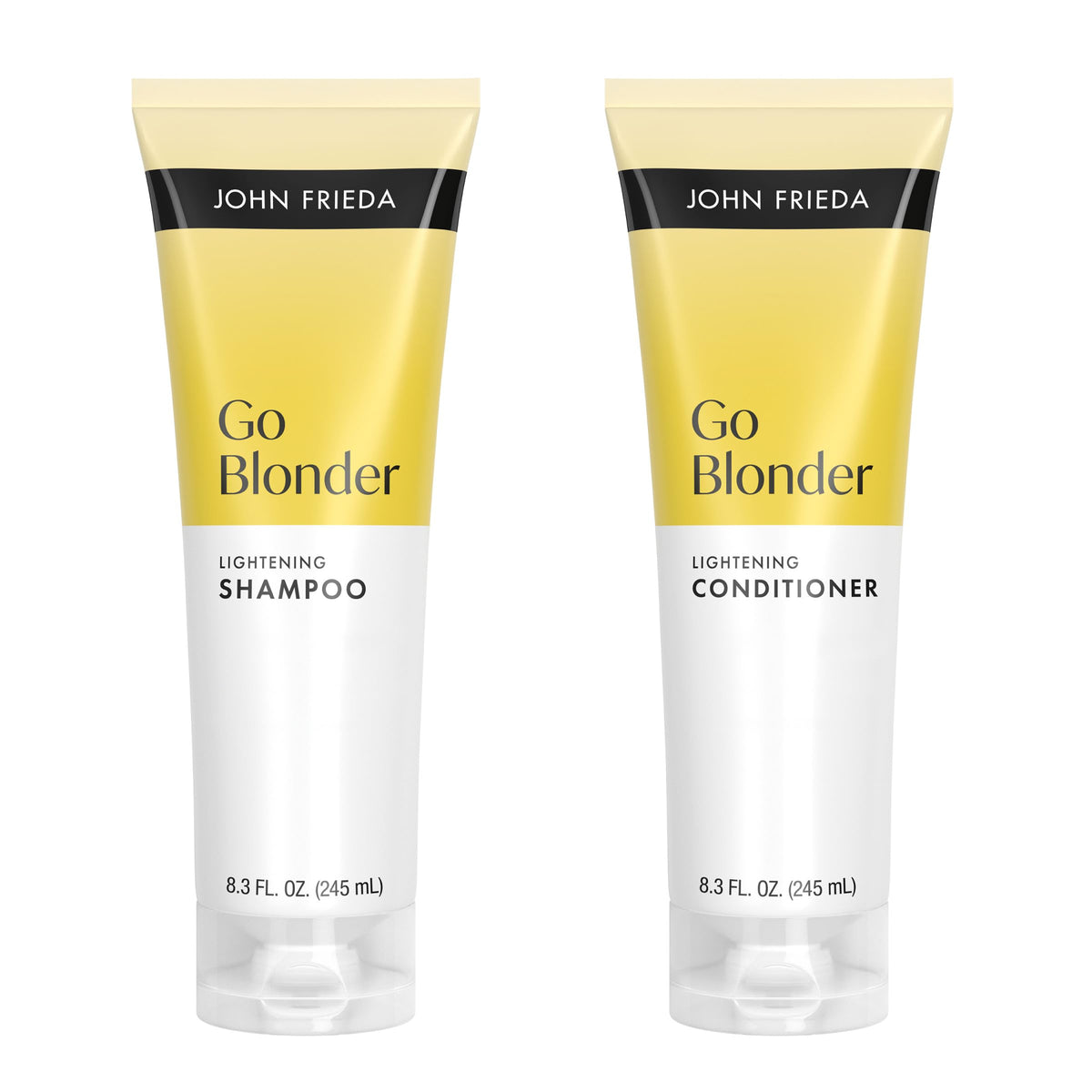 John Frieda front packaging of Go Blonder set showing product pair benefits