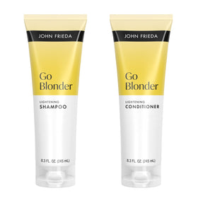 John Frieda front packaging of Go Blonder set showing product pair benefits