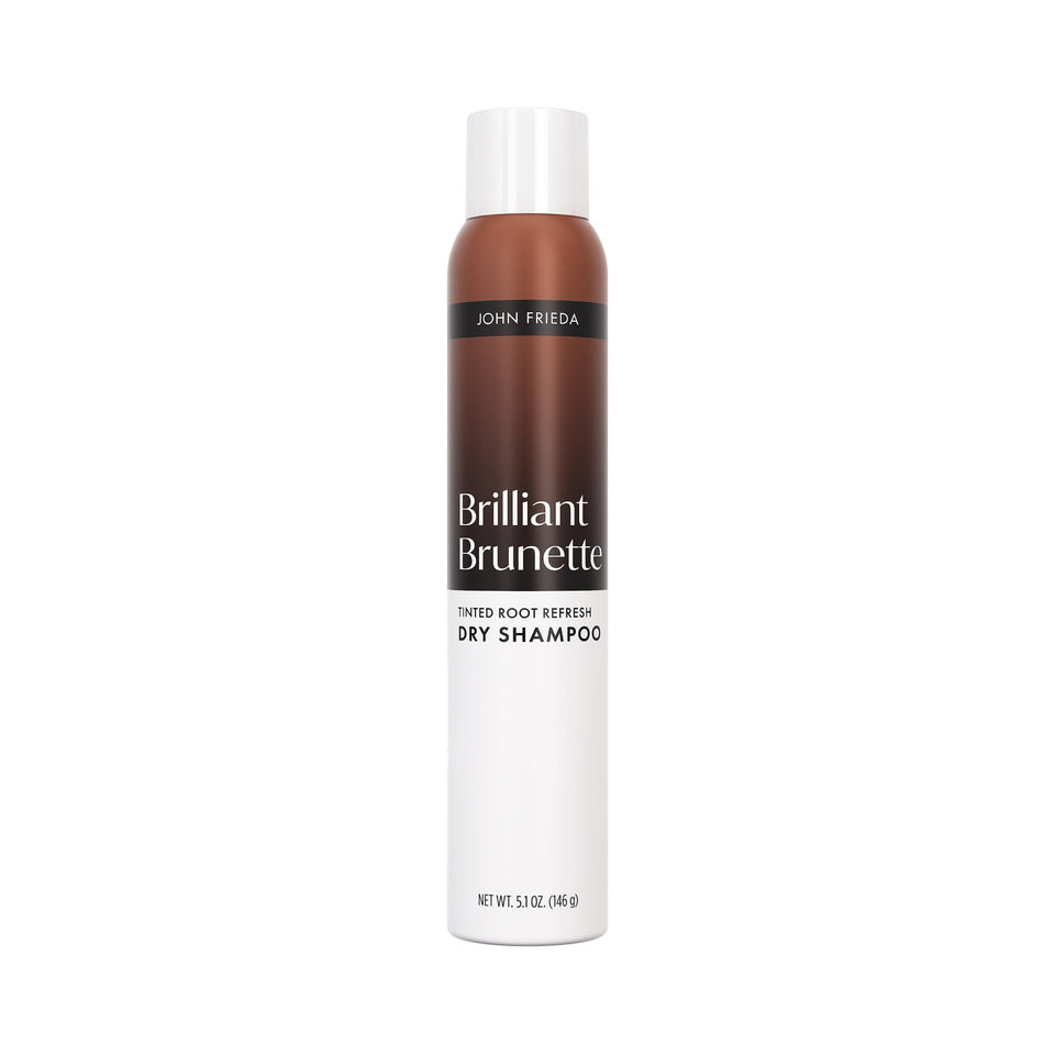 John Frieda front packaging showing tinted dry shampoo benefits