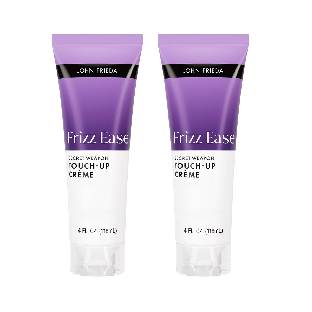 john frieda front packaging of touch-up crème showing compact 4 oz tube and branding benefit quick frizz control
