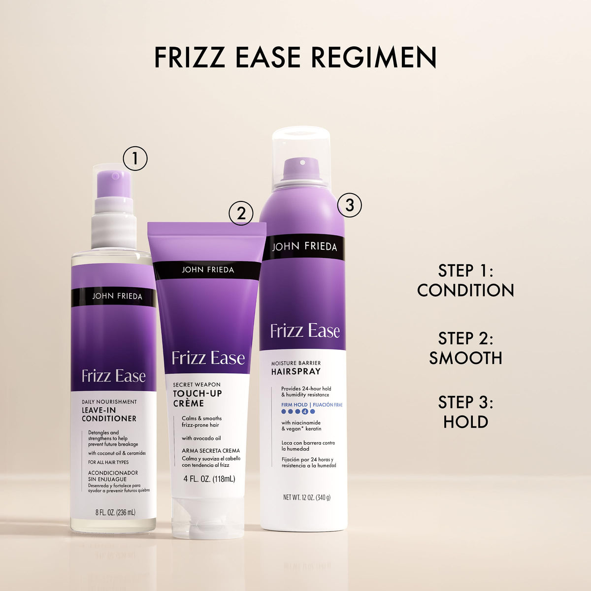 john frieda lifestyle bathroom shelf with tubes and complementary products showing routine-ready convenience