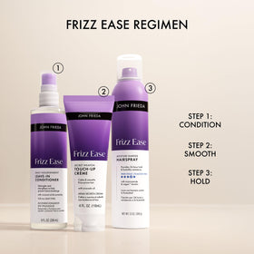 john frieda lifestyle bathroom shelf with tubes and complementary products showing routine-ready convenience