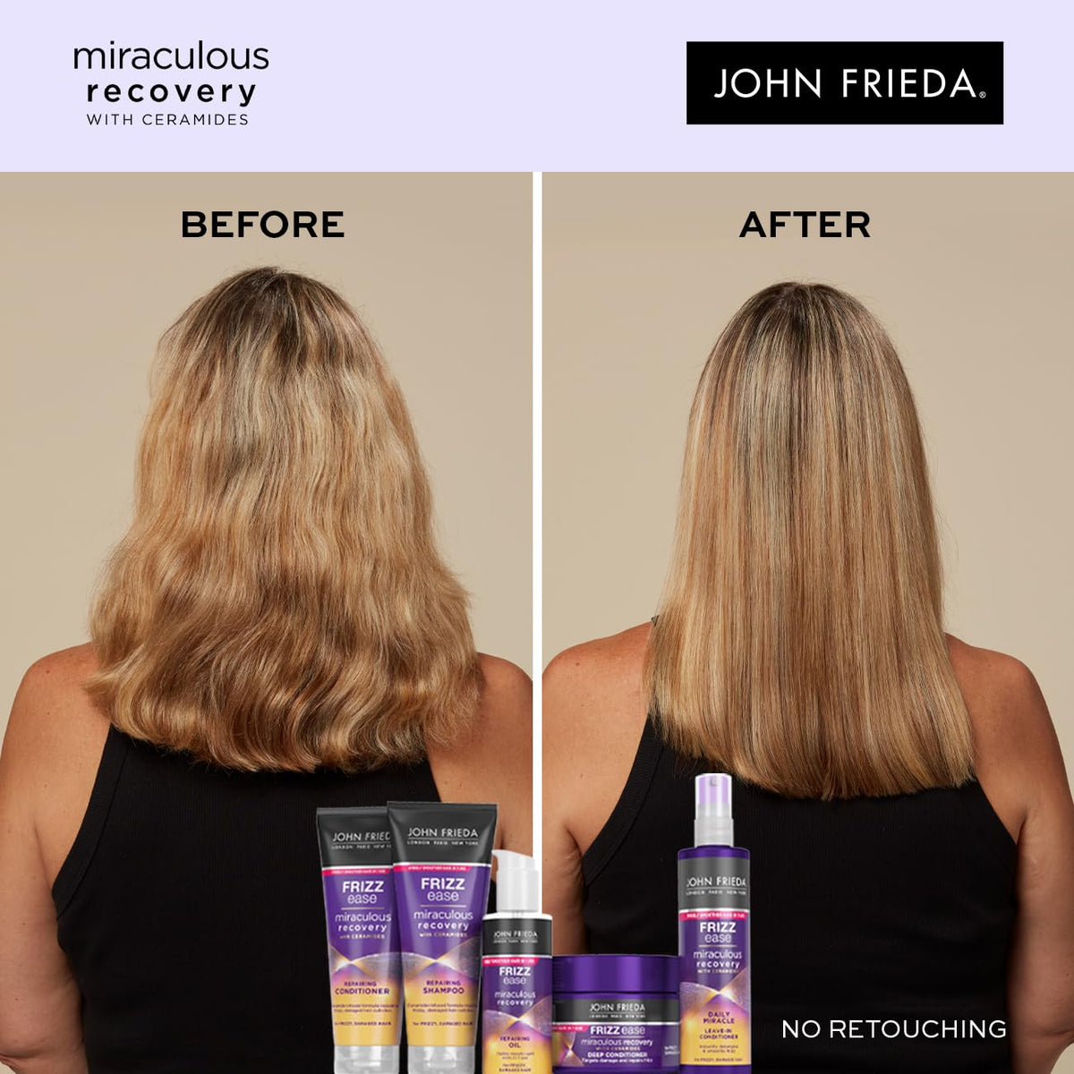 John Frieda conditioner applied to long hair for frizz control