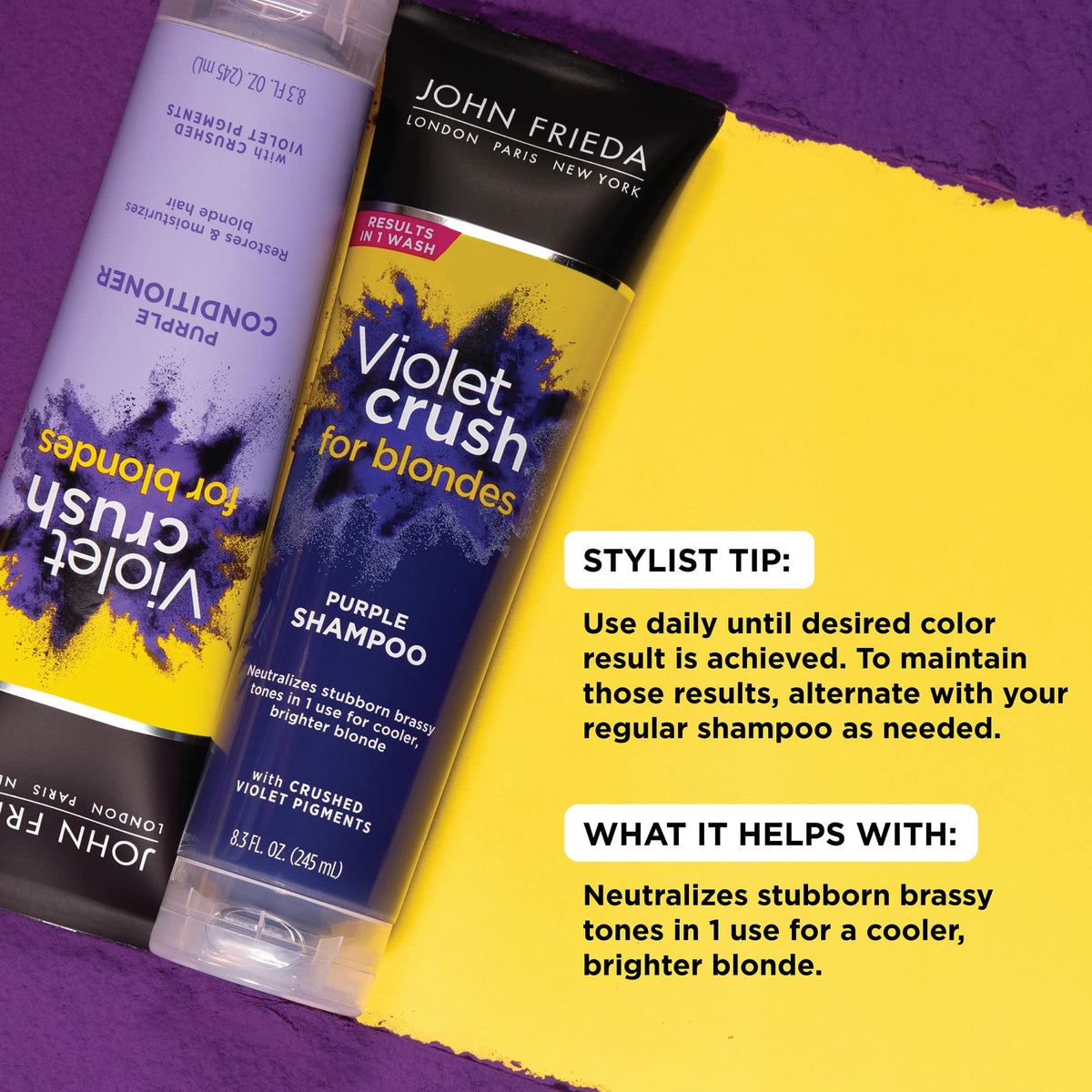 John Frieda texture close-up of violet shampoo pigments delivering toning