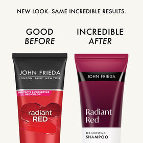 John Frieda back label ingredients list focused on pomegranate and vitamin E benefits