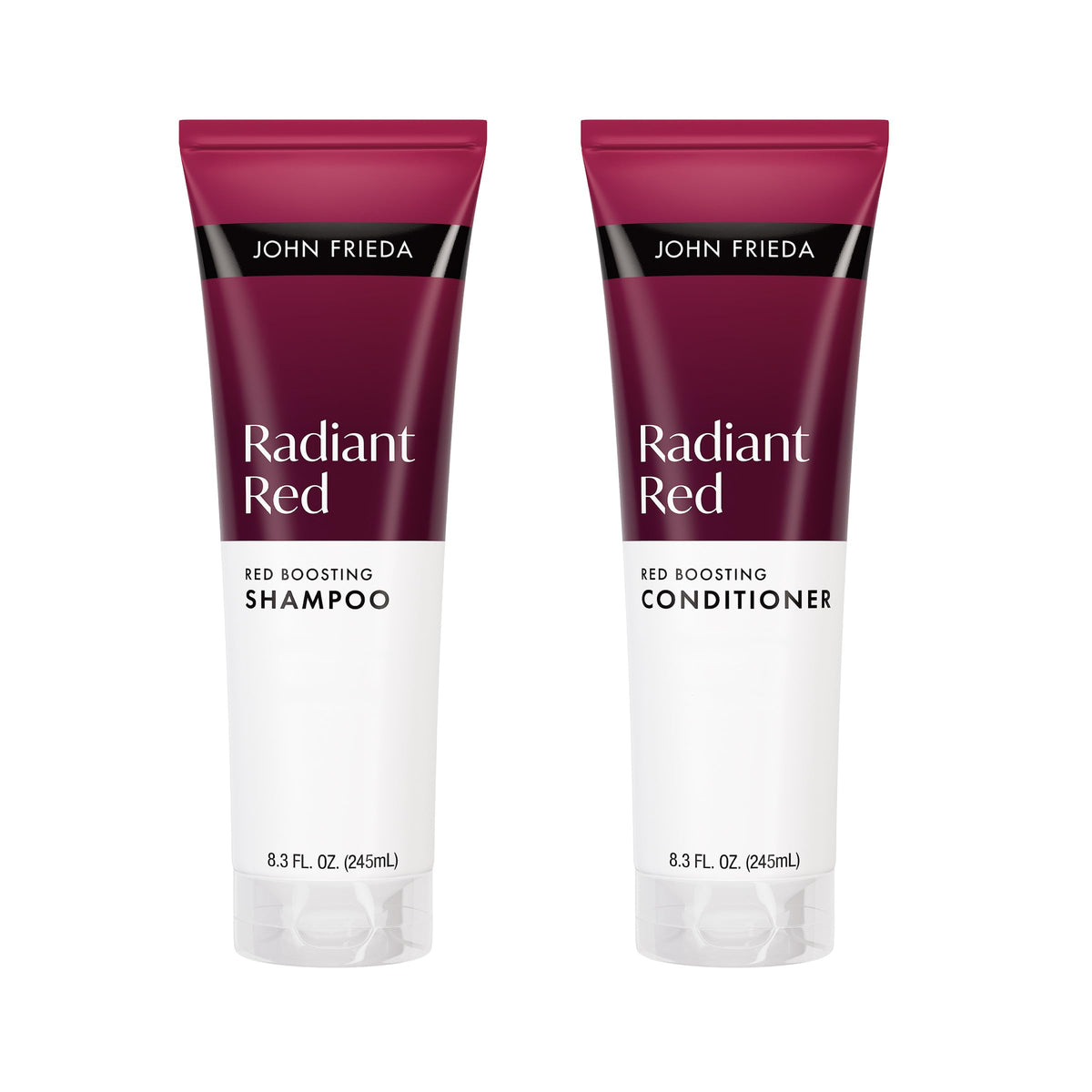 John Frieda front packaging showing two bottles and vibrant red benefit