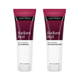John Frieda front packaging showing two bottles and vibrant red benefit