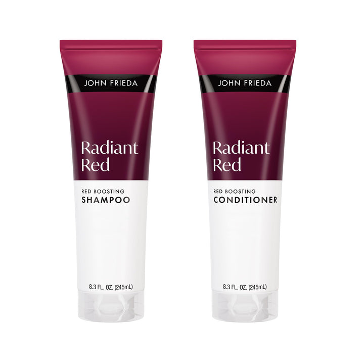 John Frieda front packaging showing two bottles and vibrant red benefit
