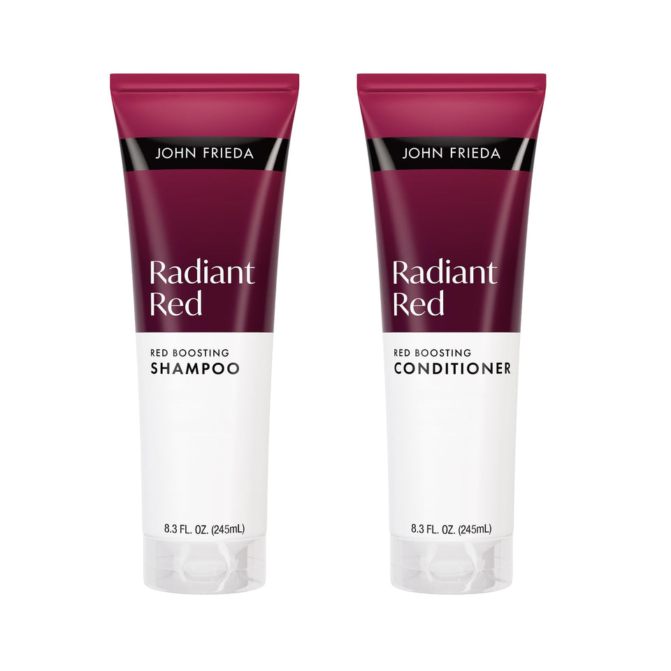John Frieda front packaging showing two bottles and vibrant red benefit