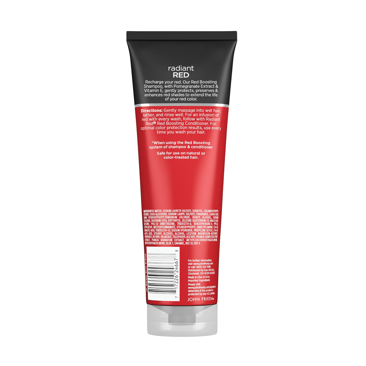 John Frieda product styled with red-haired model emphasizing glossy, styled results