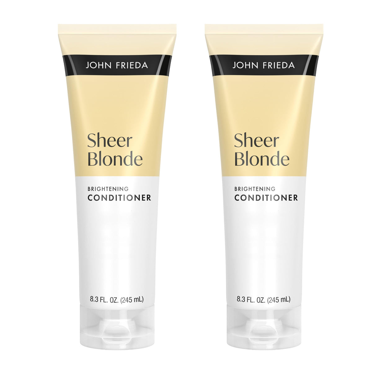 John Frieda front packaging showing brightening conditioner and benefits