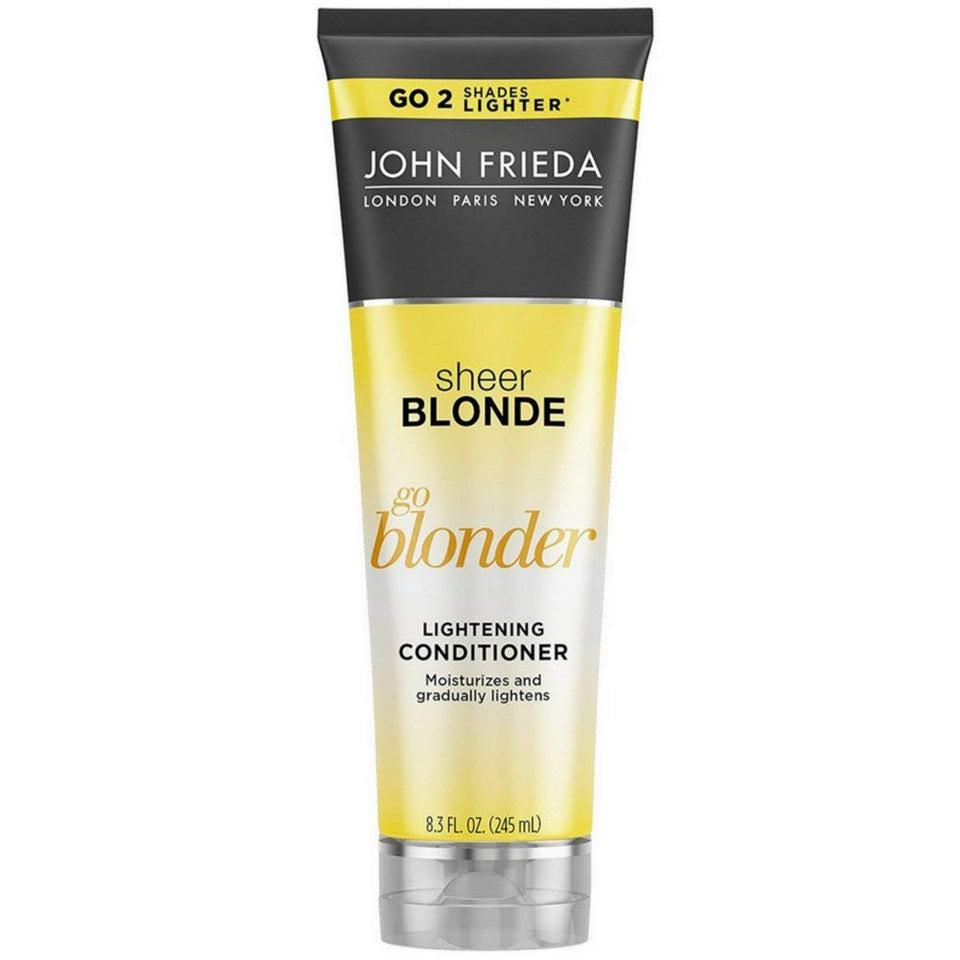 John Frieda front packaging showing 8.3 oz bottle and brightening benefit