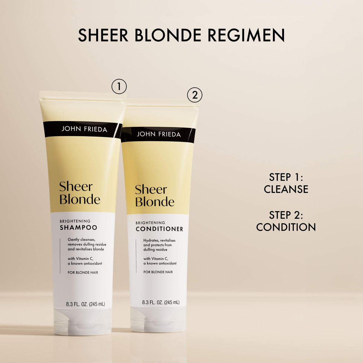 John Frieda shampoo and conditioner set staged for coordinated brightening