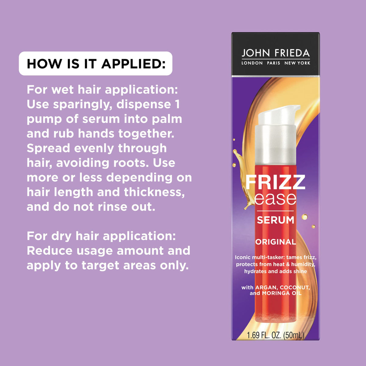 John Frieda size comparison beside a hand to show travel-friendly 1.69 oz bottle