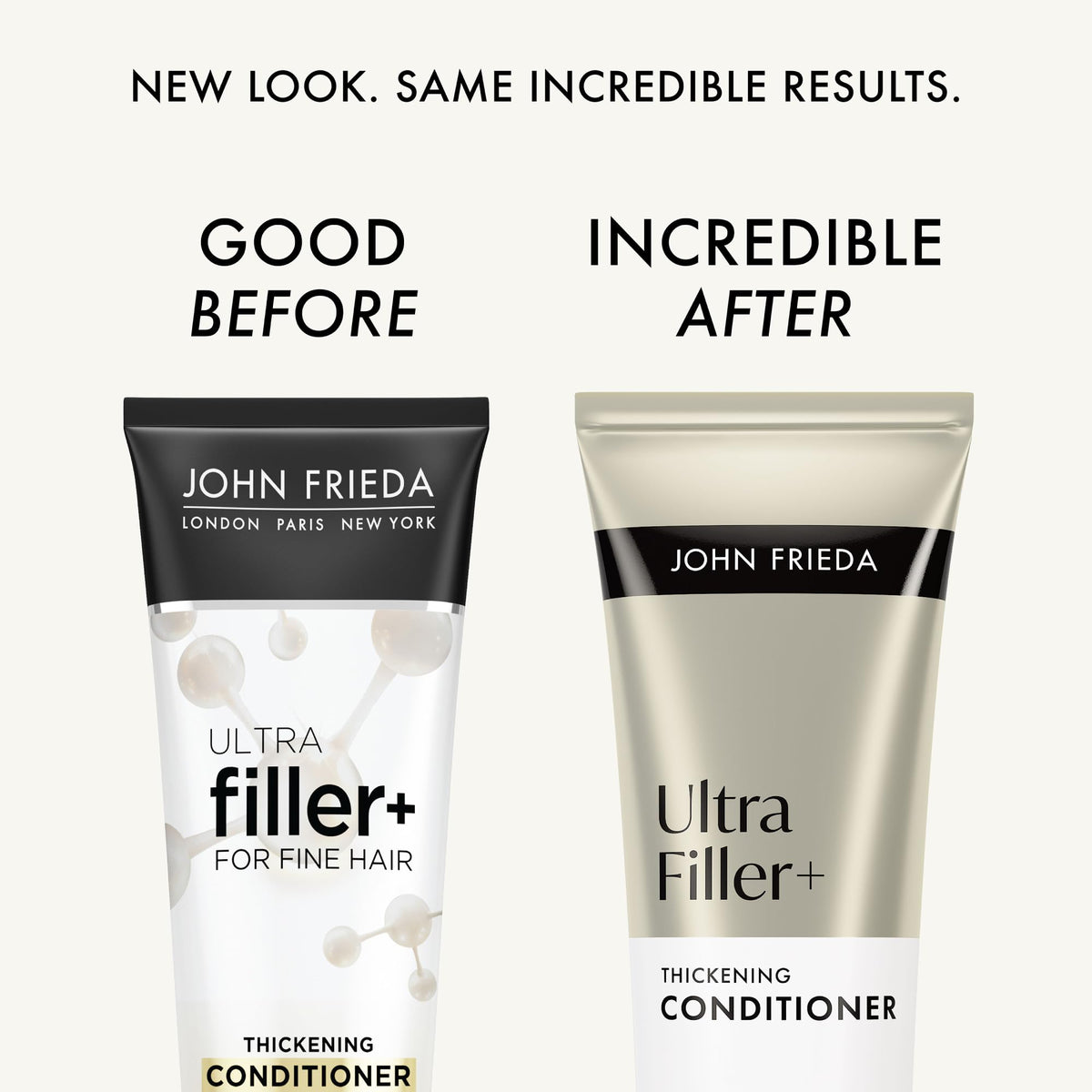 John Frieda label detail highlighting biotin and hyaluronic acid benefits