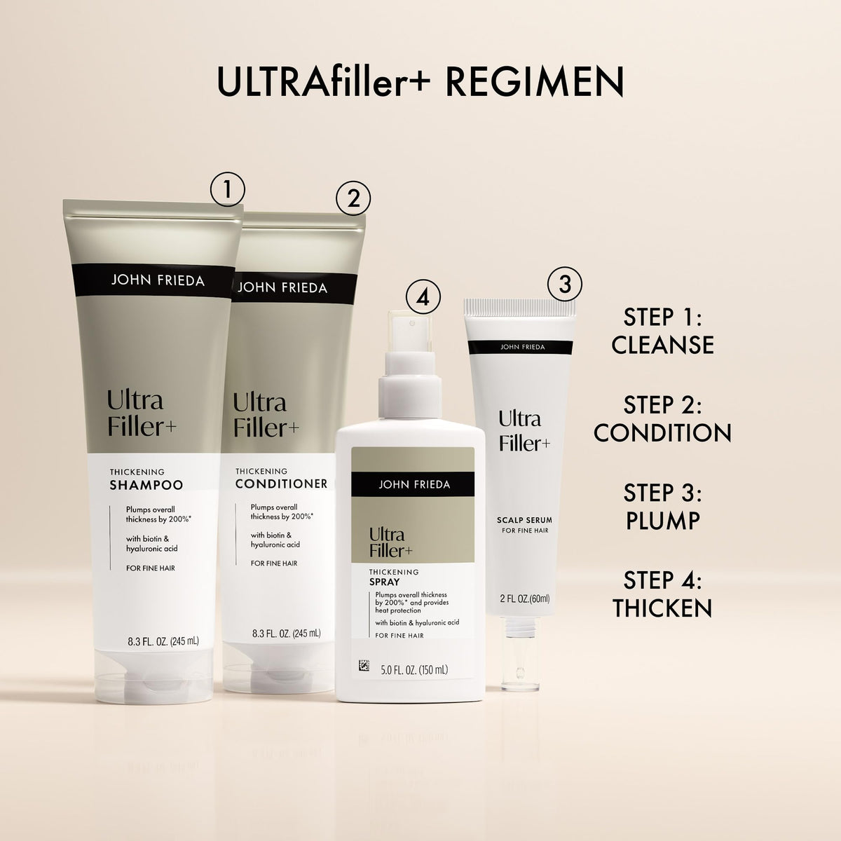 John Frieda lifestyle styling shot demonstrating thicker-looking hair benefits
