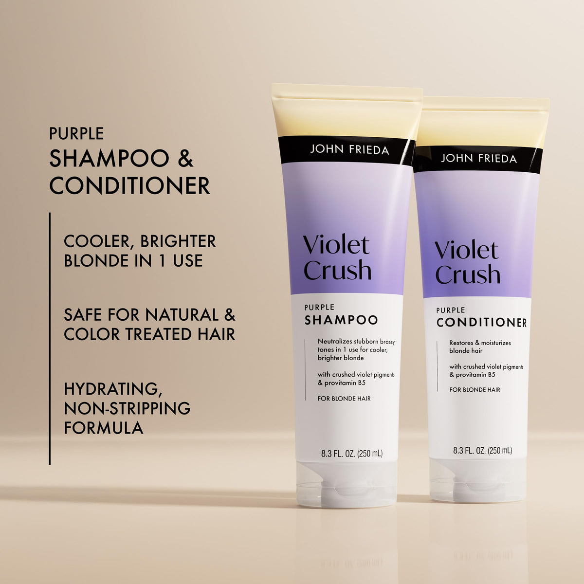 John Frieda product side label detail, highlights cruelty-free and free-from ingredients