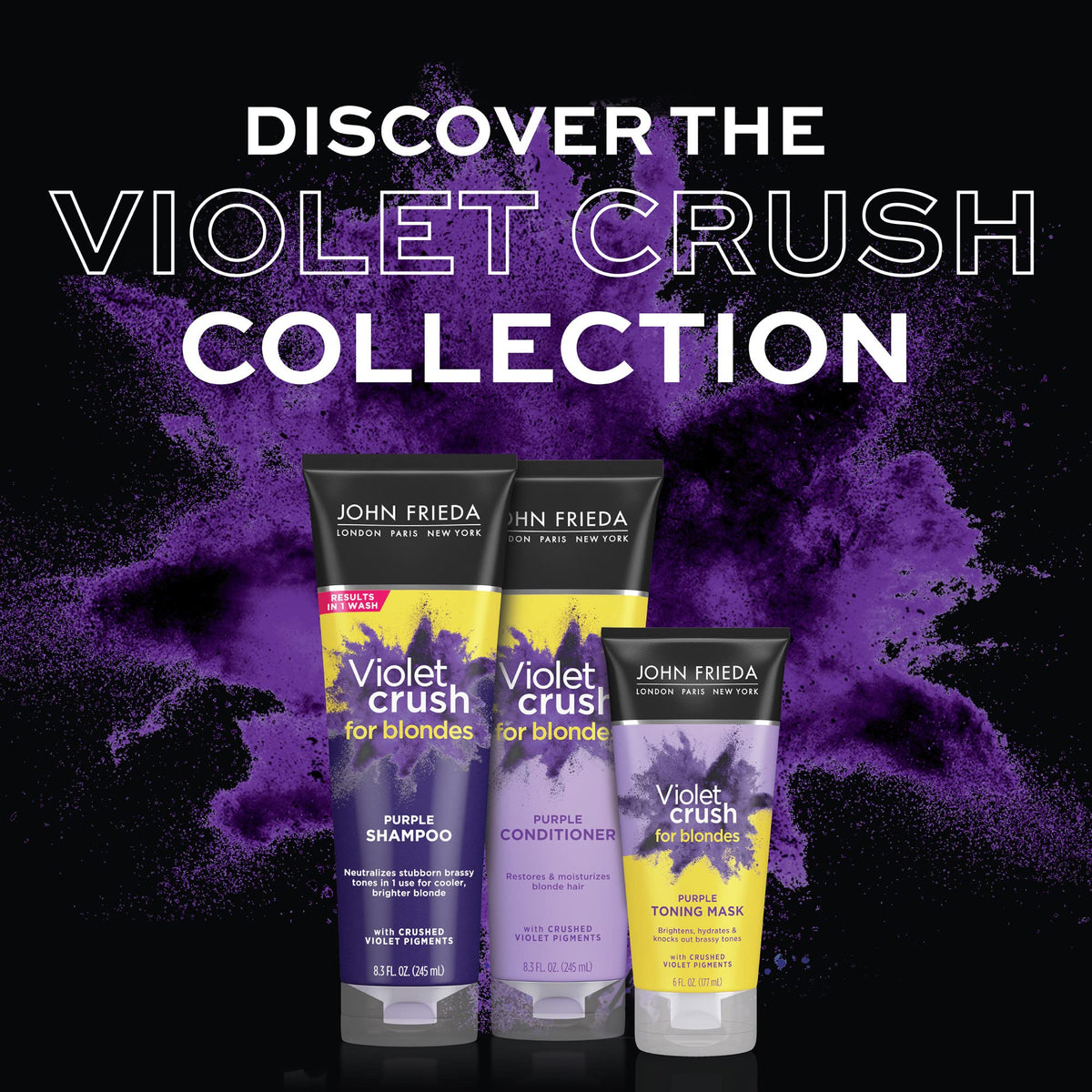 Close-up crushed violet pigment particles from John Frieda for targeted brass neutralizing