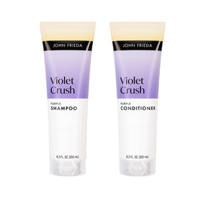 John Frieda front packaging showing the purple shampoo and conditioner, easy at-home toning