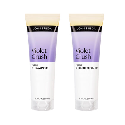 John Frieda front packaging showing the purple shampoo and conditioner, easy at-home toning
