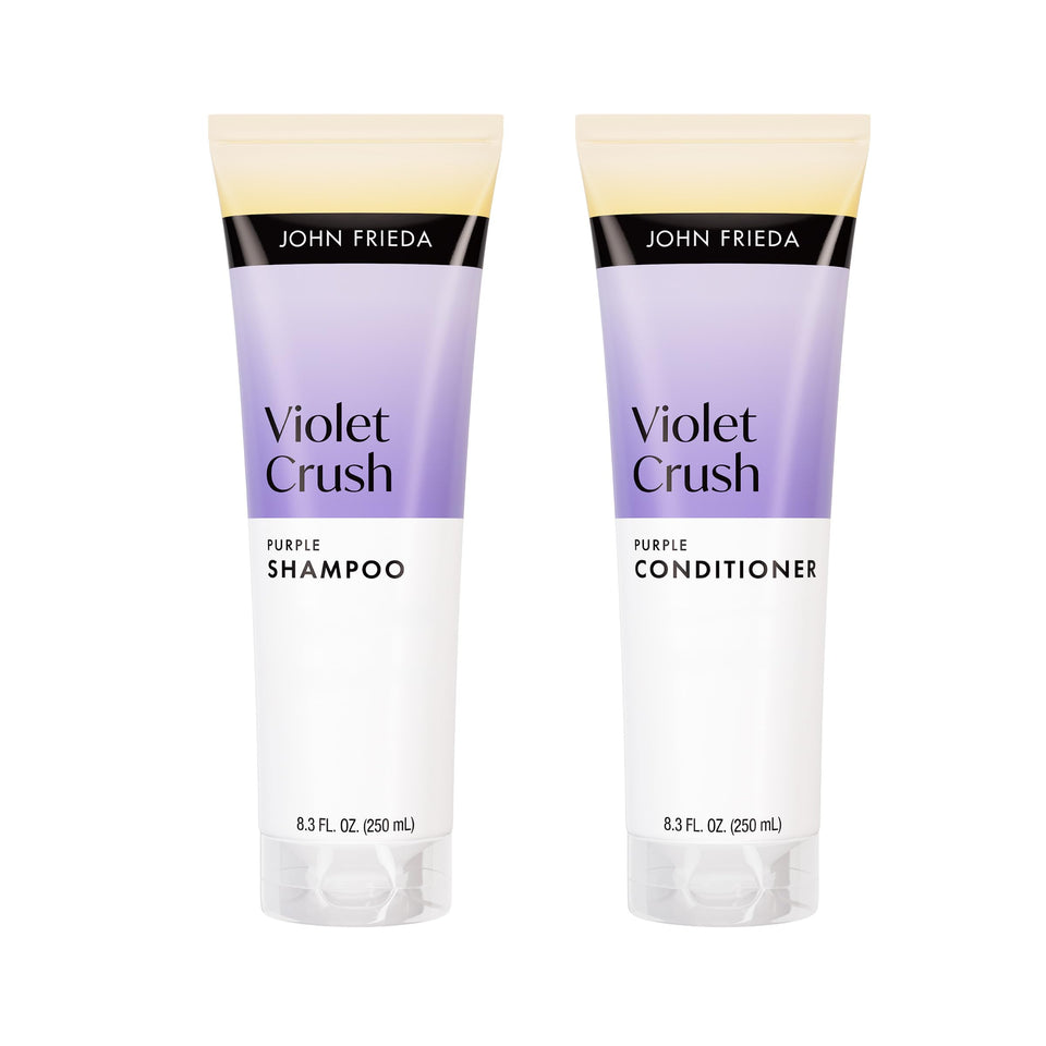 John Frieda front packaging showing the purple shampoo and conditioner, easy at-home toning