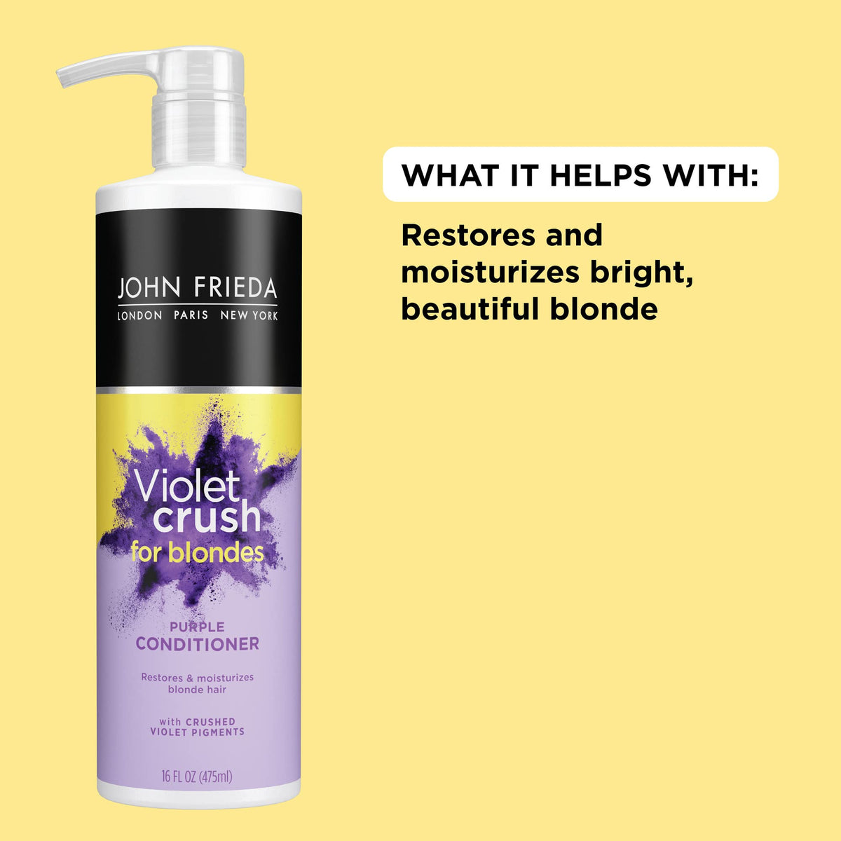 John Frieda conditioner pour texture showing creamy violet formula and smooth hydration