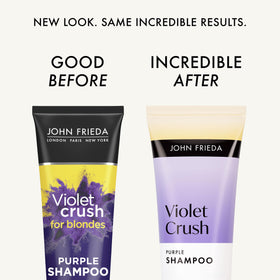 John Frieda violet shampoo texture pouring from bottle, shows pigment and cleansing action