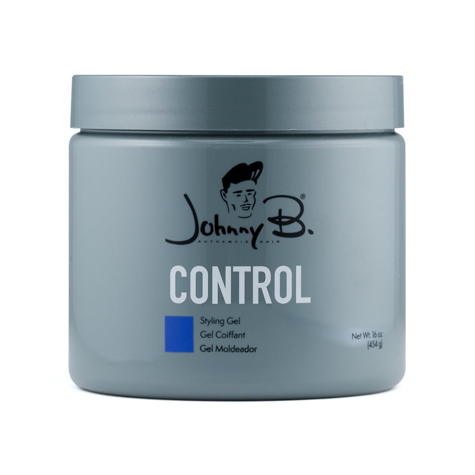 JOHNNY B. jar front view showing strong hold gel benefits