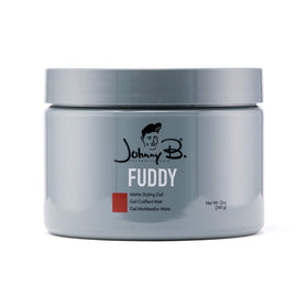 JOHNNY B. jar front view showing packaging and strong matte styling gel