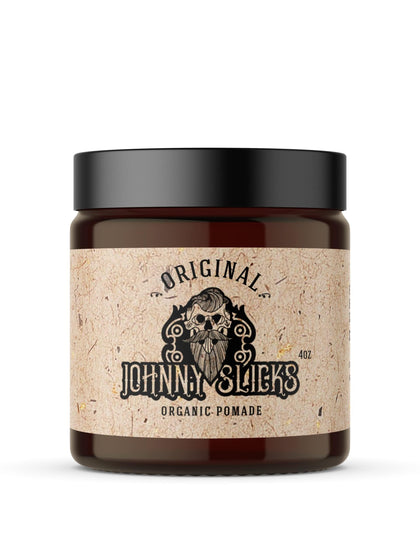 Johnny Slicks front jar view showing label and organic pomade benefits