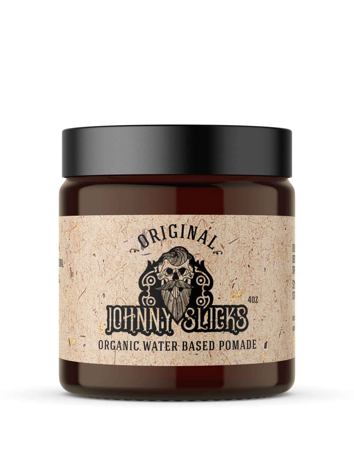 Johnny Slicks jar front label showing strong hold and organic benefits