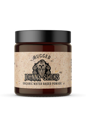 Johnny Slicks tin front view showing rugged label and strong-hold promise