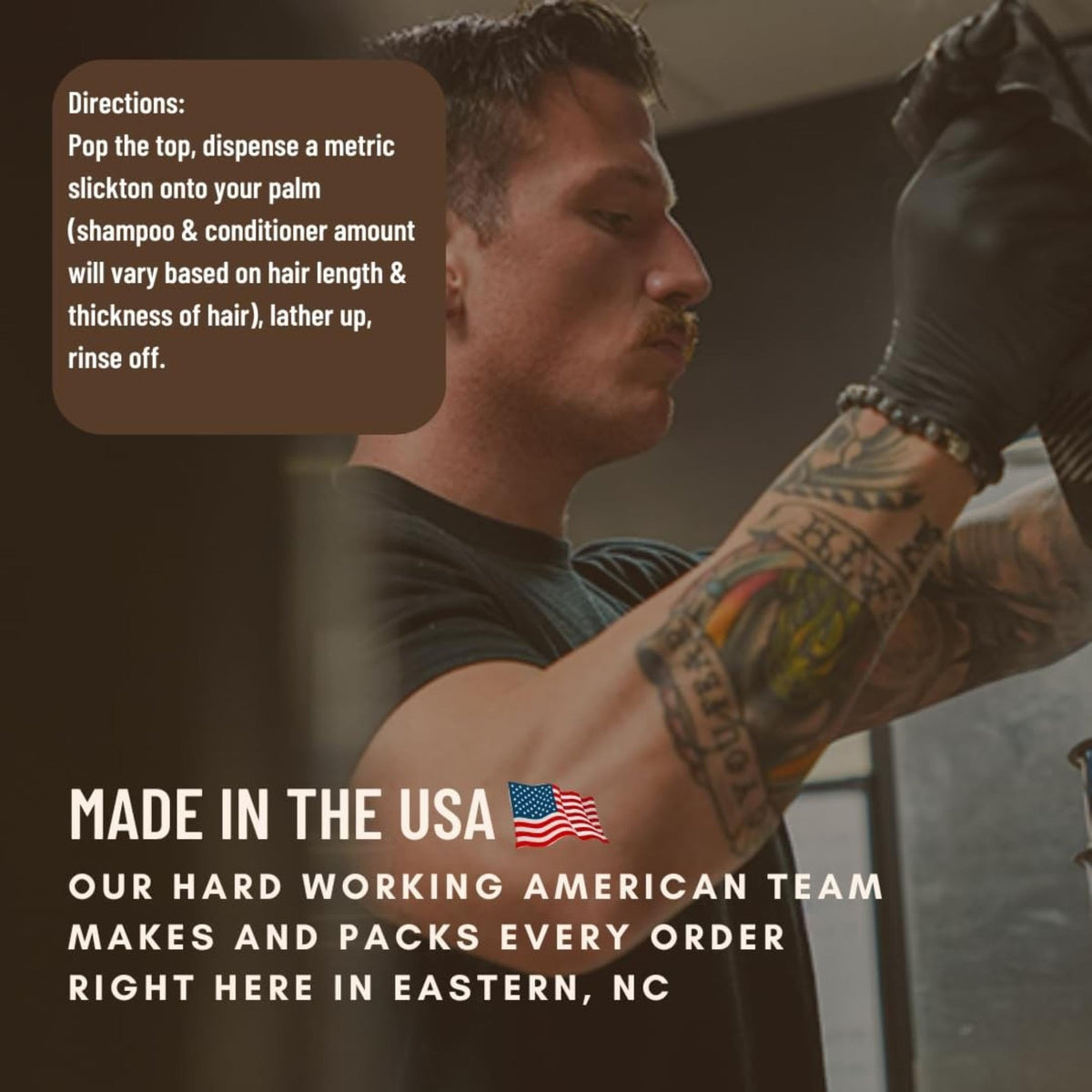 Johnny Slicks label close-up highlighting made in USA and veteran-owned trust benefit