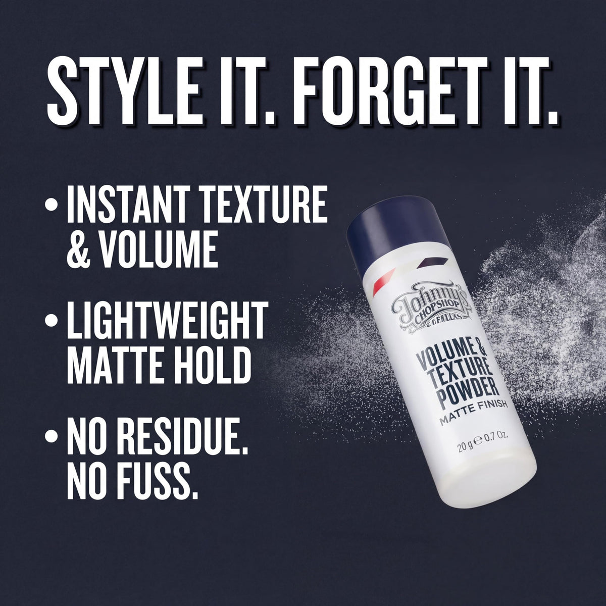Johnny's Chop Shop powder in hand illustrating easy application and grip