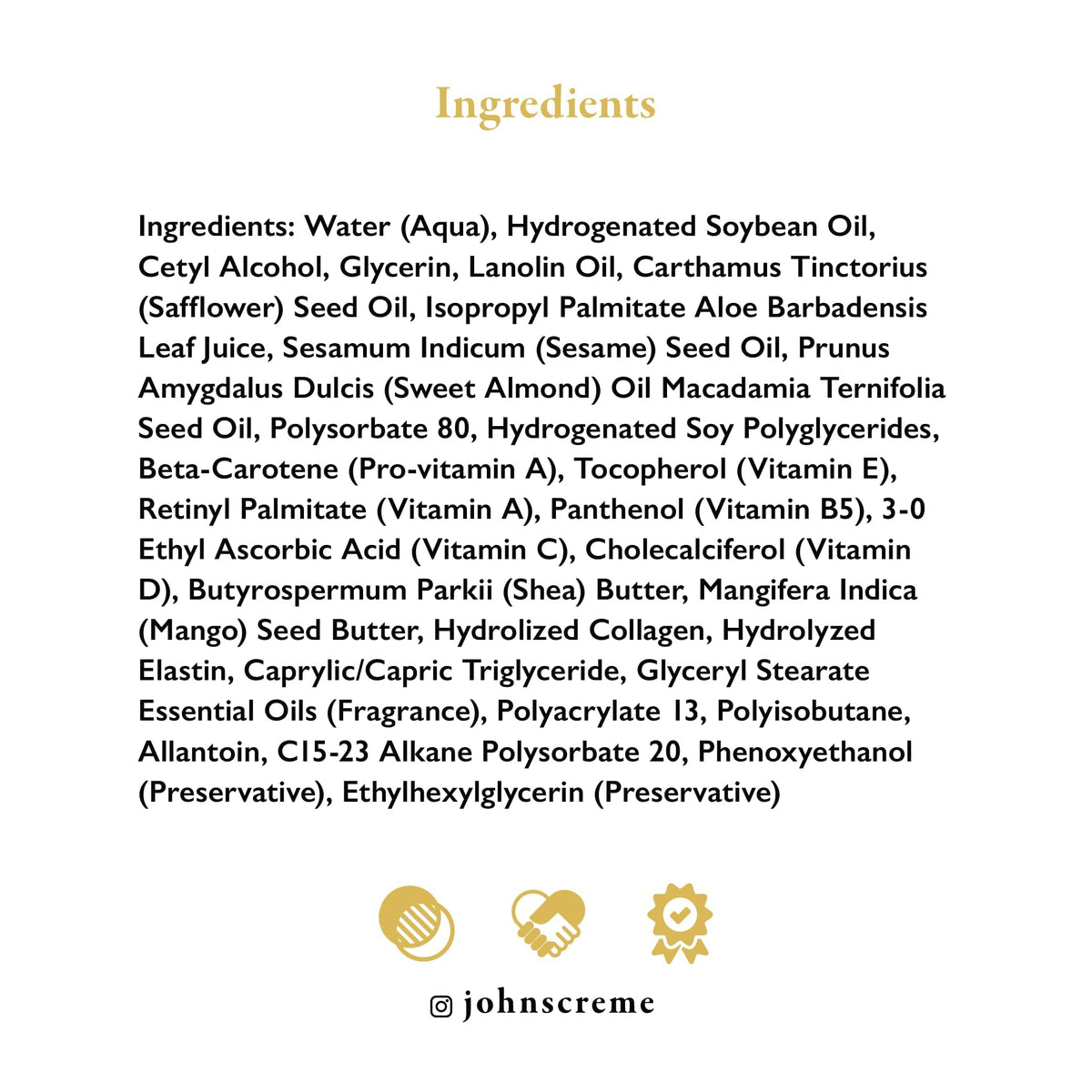 John's product label close-up listing vitamins E A D and collagen