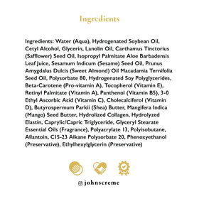 John's product label close-up listing vitamins E A D and collagen