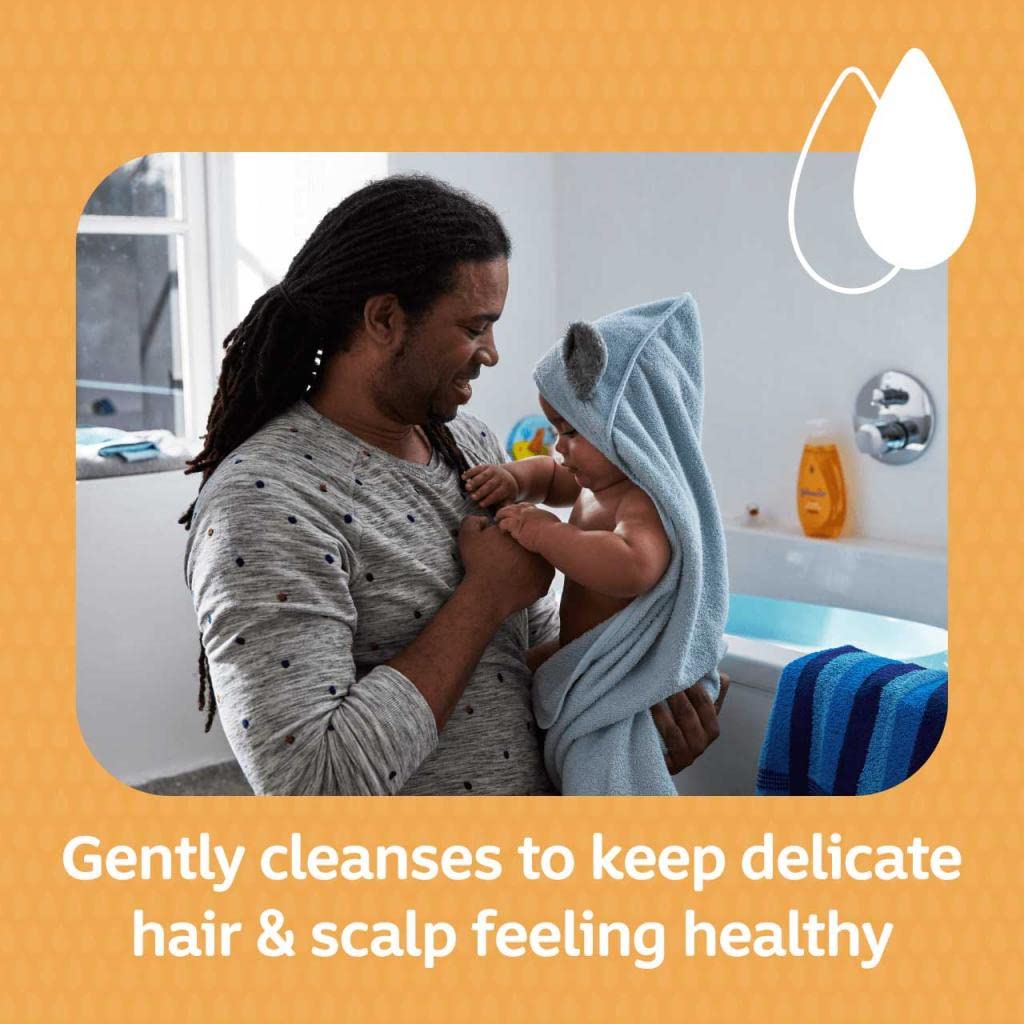 Johnson & Johnson shampoo in use during baby bath for calm, tear-free benefit