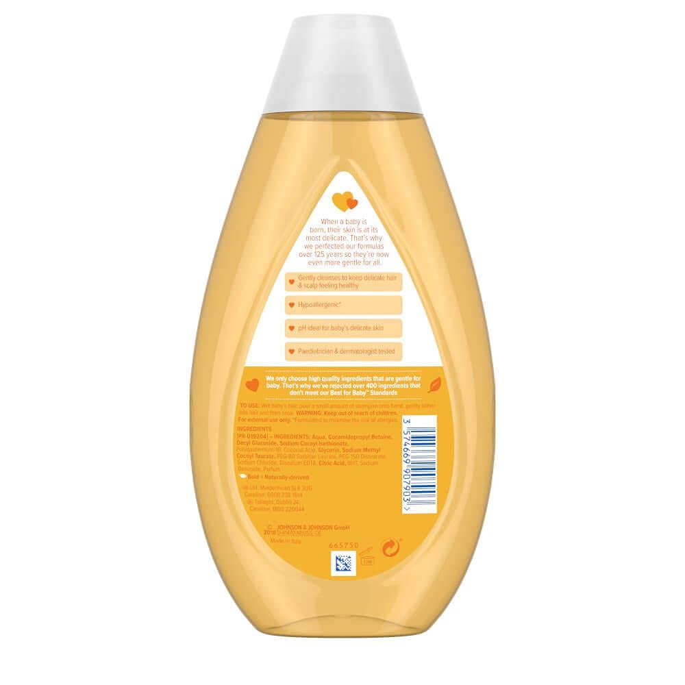 Johnson & Johnson bottle pouring shampoo into palm for gentle lather benefit