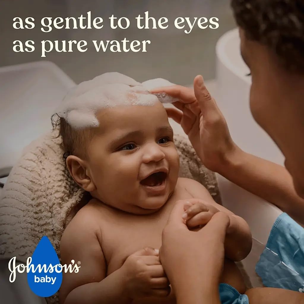 Johnson's Baby shampoo pouring to show light texture and easy rinse benefits