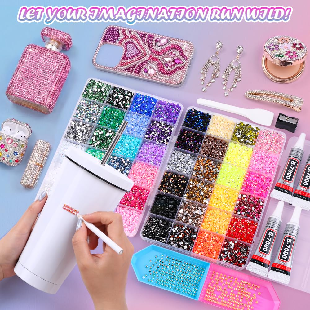 JOICEE organized color swatch trays displaying 48 vibrant rhinestone hues for easy selection
