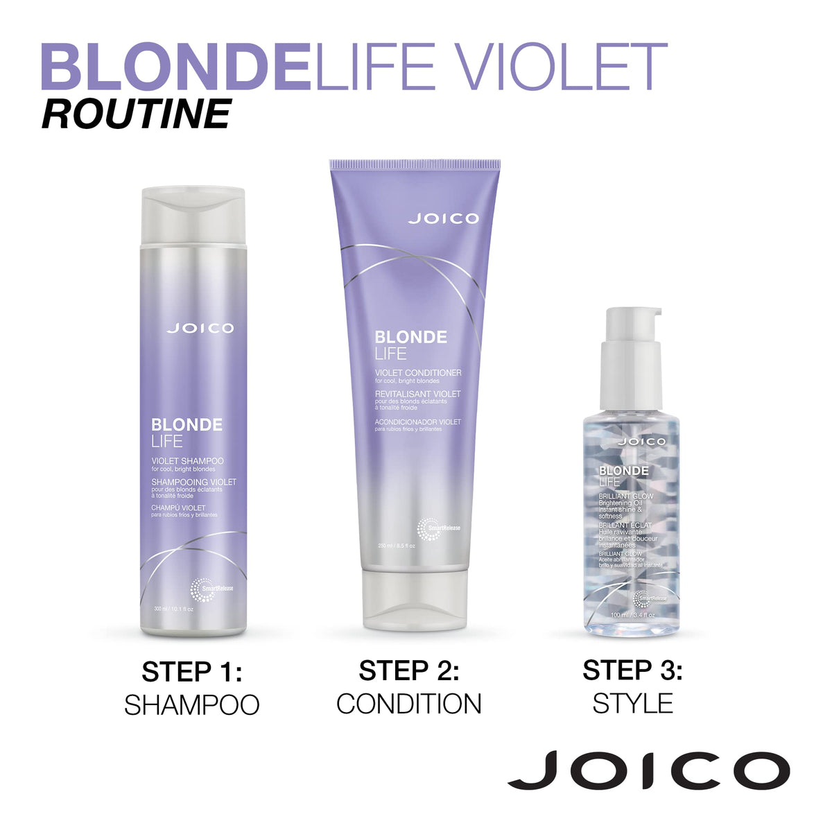 Joico Blonde Life bottles beside hand to show size and scale