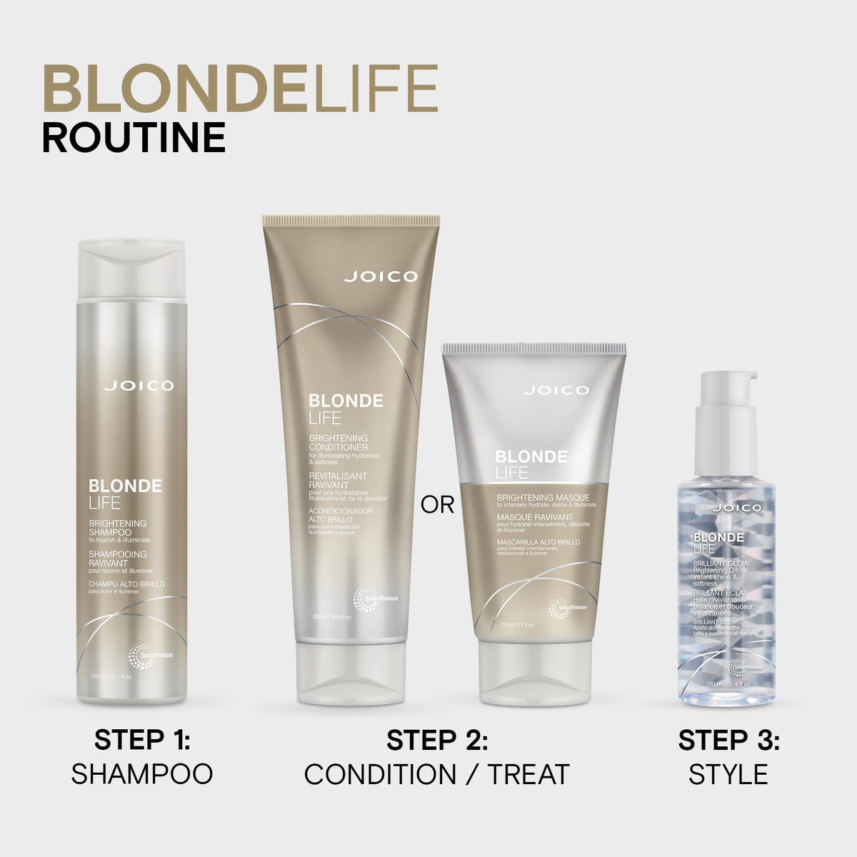 Joico bottle on bathroom shelf staged with towels conveying a bright hair care routine