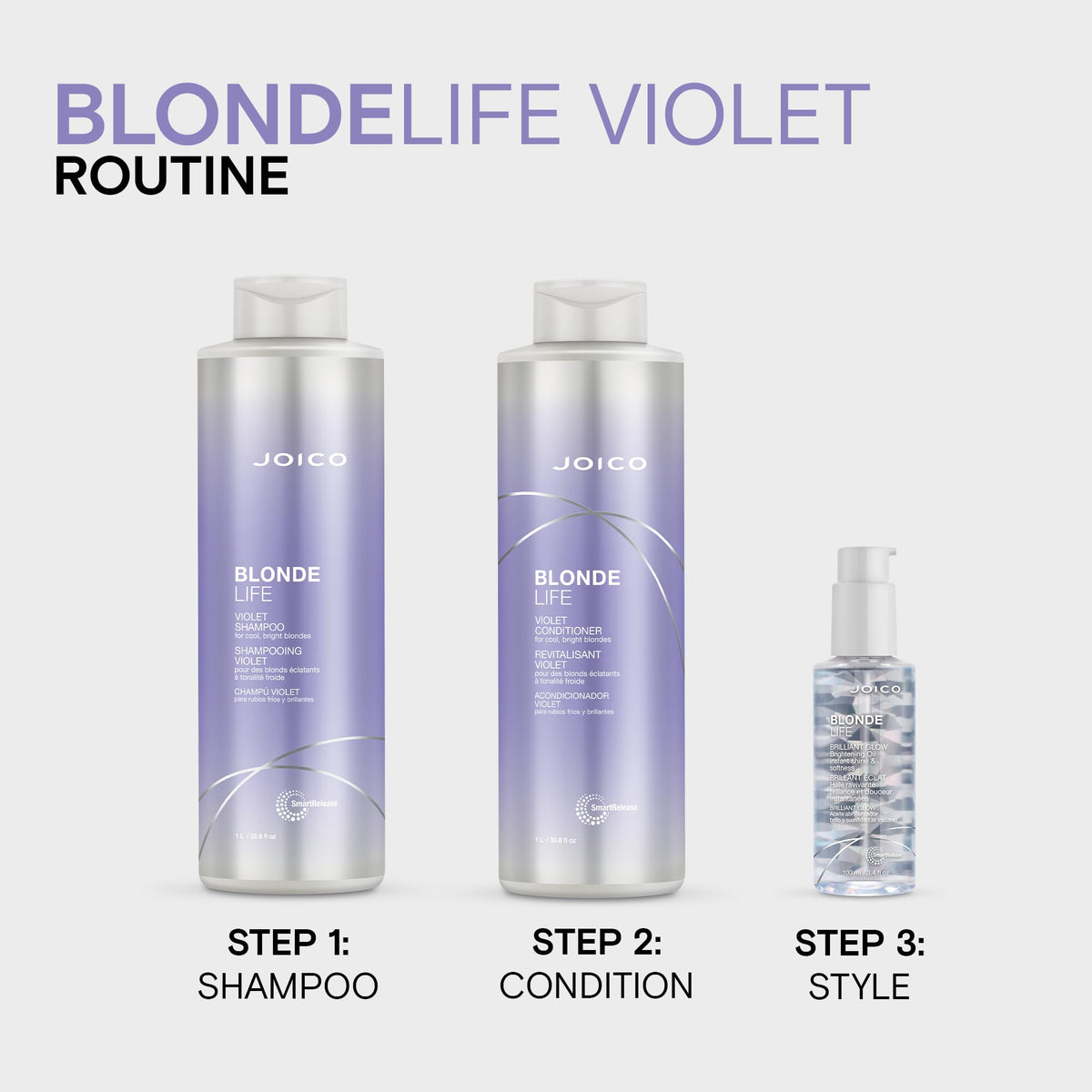 Joico shampoo on a bathroom shelf with blonde hair products showing routine use