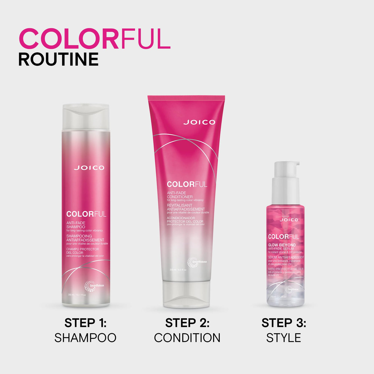 Joico Colorful shampoo on shower shelf in bathroom setting showing routine use