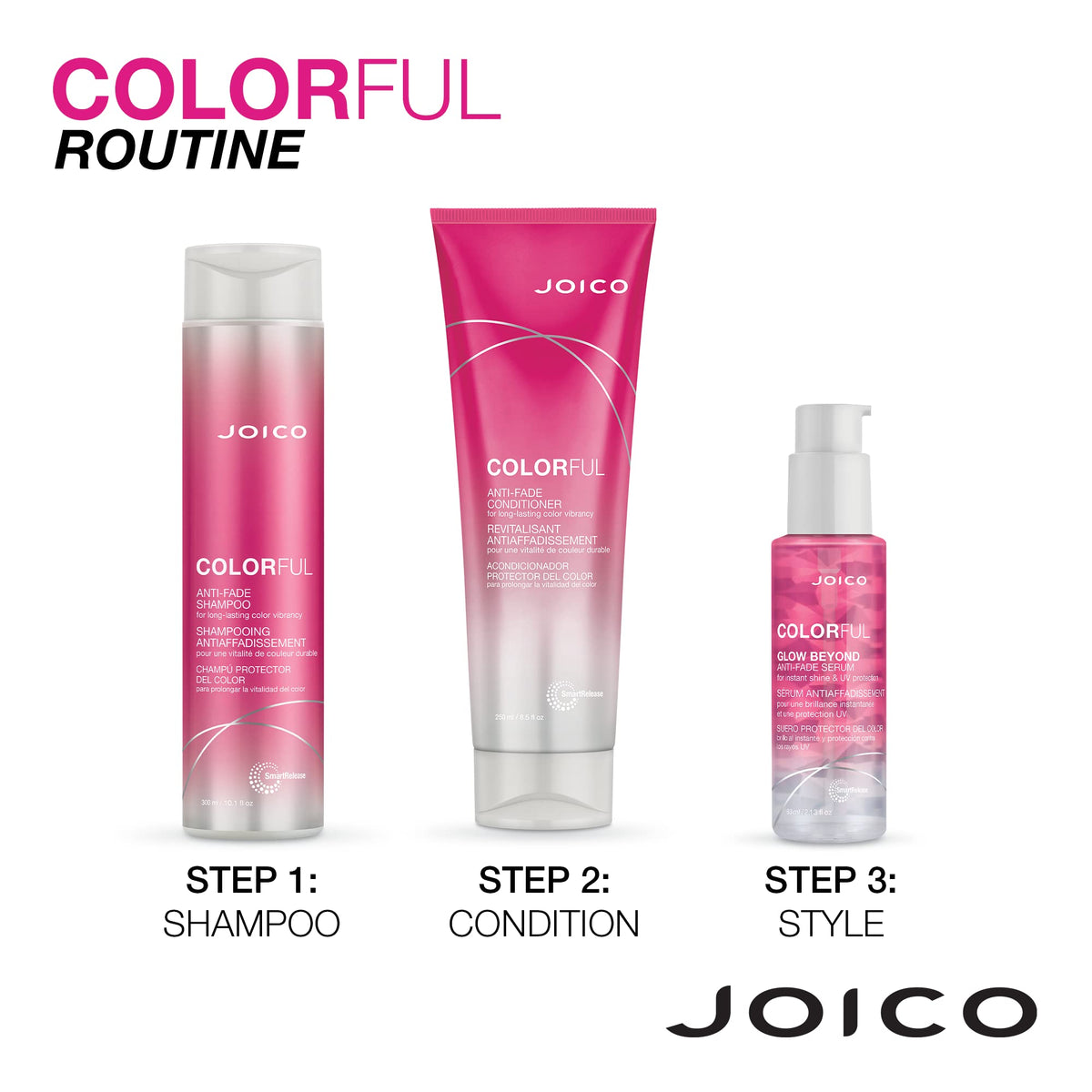 Joico bottles next to ruler showing product size and travel-friendly benefit