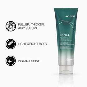 Joico JoiFULL conditioner pouring from bottle showing lightweight detangling