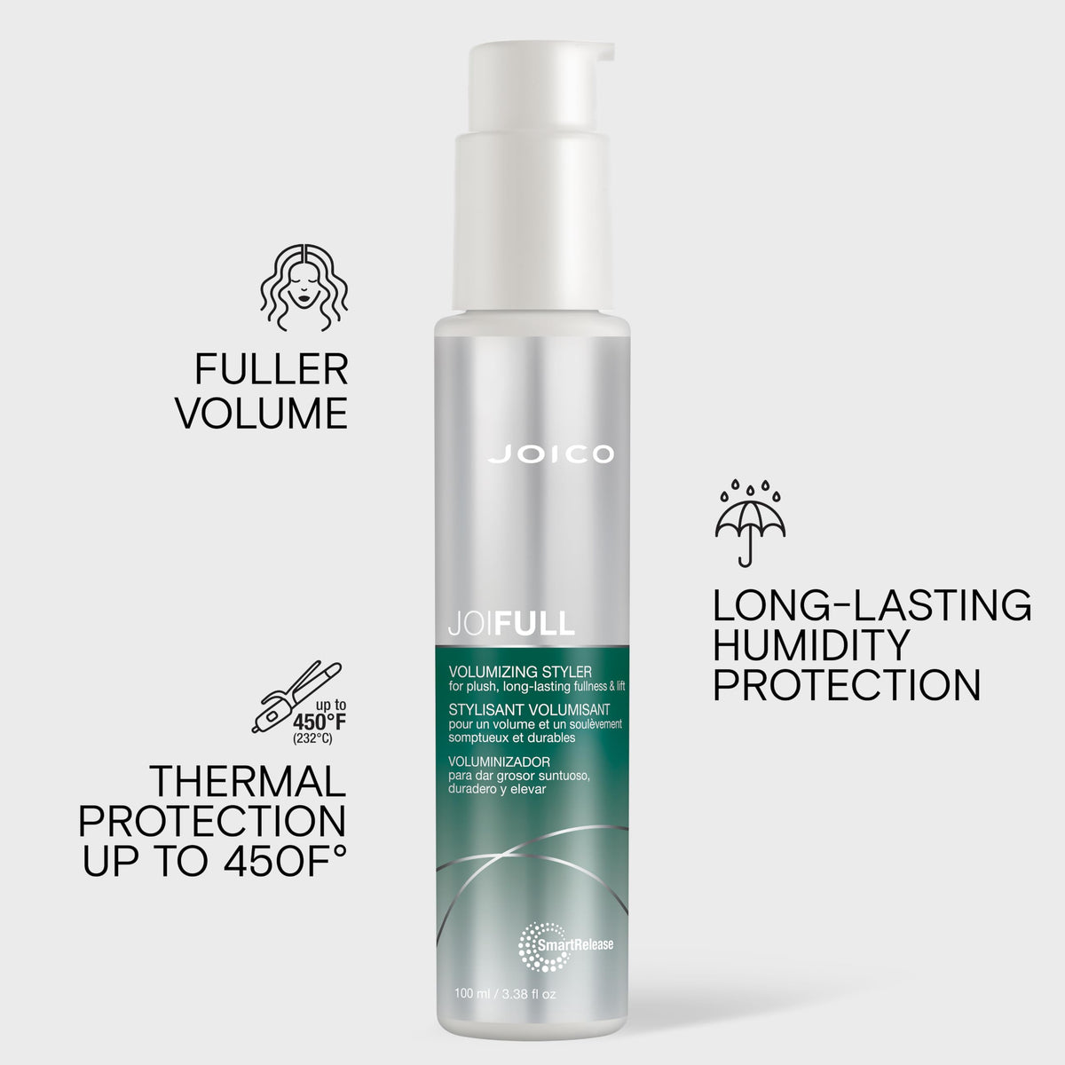 Joico JoiFULL in hand showing travel-friendly 3.38 fl oz size and convenient portability